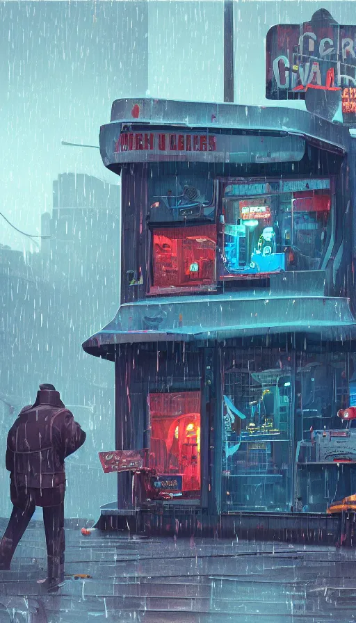 Image similar to videogame cabinet begging for coins in the rain, sharp focus, james gilleard, cinematic, game art, extremely detailed digital painting, print