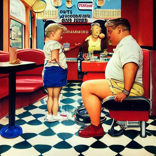 Image similar to painting of a boy with blonde hair watching an obese woman pray before she eats her hamburger, set in a diner, 1950’s, highly detailed, by Norman Rockwell,