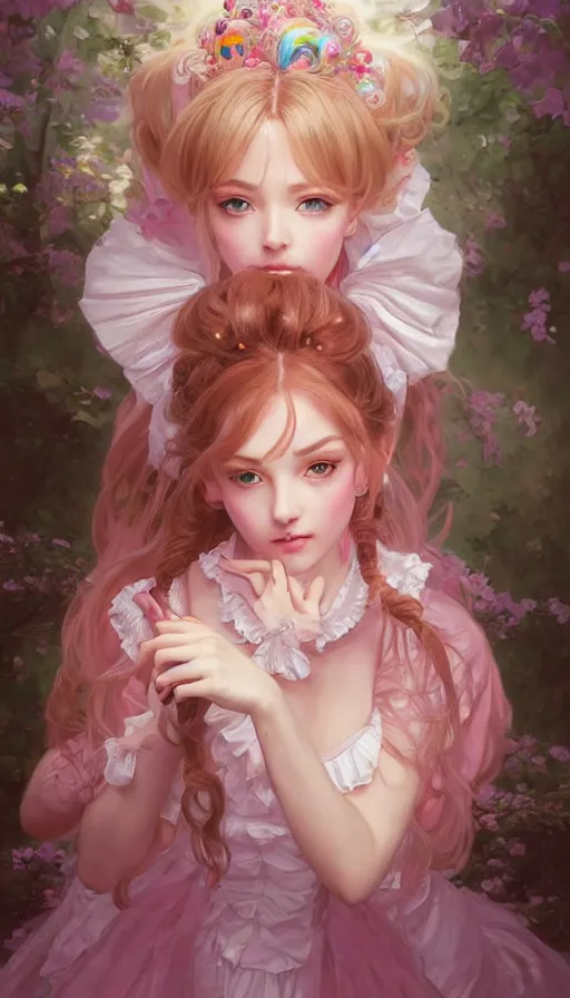 Prompt: portrait of magical lolita girl, dreamy and ethereal, expressive pose, big pink eyes, peaceful expression, ornate frilly dress, fantasy, intricate, elegant, many rainbow bubbles, highly detailed, digital painting, artstation, concept art, smooth, sharp focus, illustration, art by artgerm and greg rutkowski and alphonse mucha