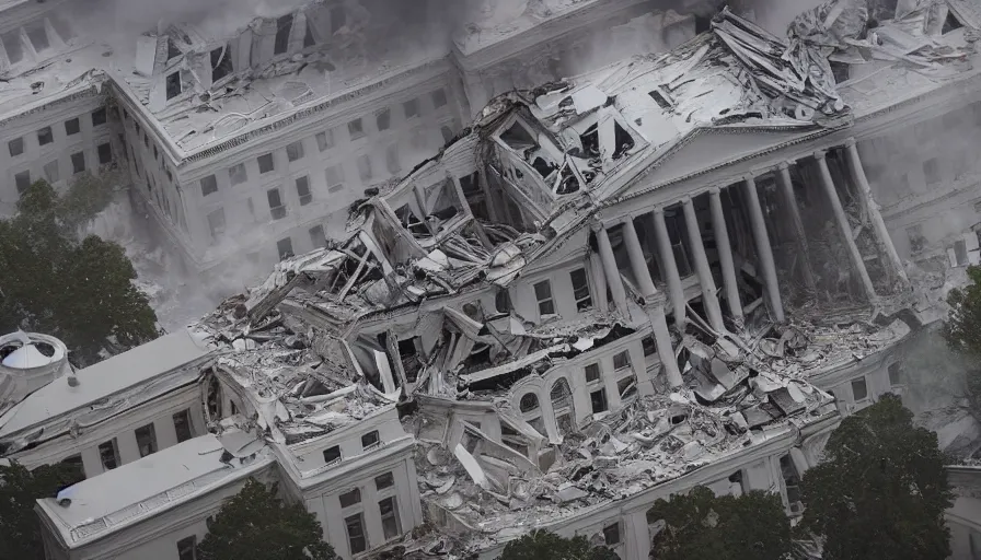 Image similar to destroyed washington dc with damaged collapsed buildings, debris, ruins, white house, capitol, fire, ashes, smoke columns, hyperdetailed, artstation, cgsociety, 8 k