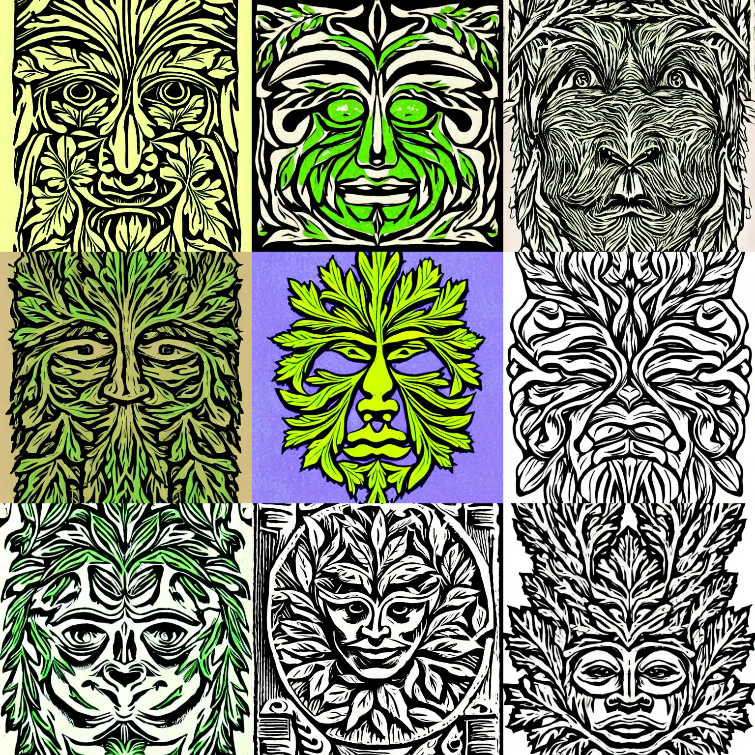 Prompt: a green man face design, highly detailed, oak leaves, horizontally symmetrical, coloured woodcut