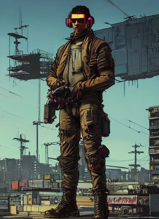 Image similar to Menacing Hector. buff cyberpunk mercenary wearing a cyberpunk headset, military vest, and pilot jumpsuit. square face. Realistic Proportions. Concept art by James Gurney and Laurie Greasley. Moody Industrial skyline. ArtstationHQ. Creative character design for cyberpunk 2077.