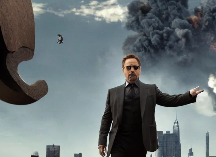 Image similar to film still of Robert Downey Jr as Cobb with the world bending in on itself in the background in Inception, 4k