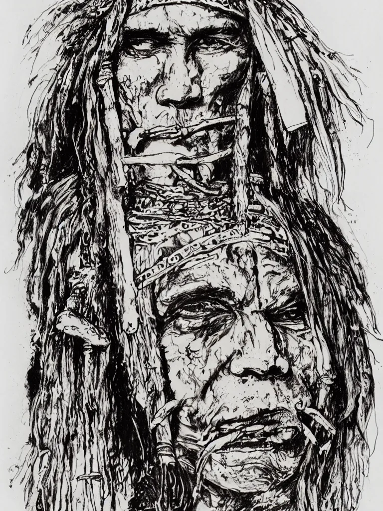 Image similar to a detailed loose wild messy ink sketch portrait of a Native American shaman wearing a bone breastplate in the style of Ralph Steadman, caricature, dramatic with desert colors