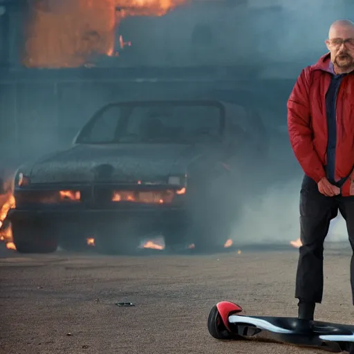 Image similar to Photo of Walter White standing on a hoverboard with several burning buildings behind him, centered, cinematic lighting, highly detailed, 8k