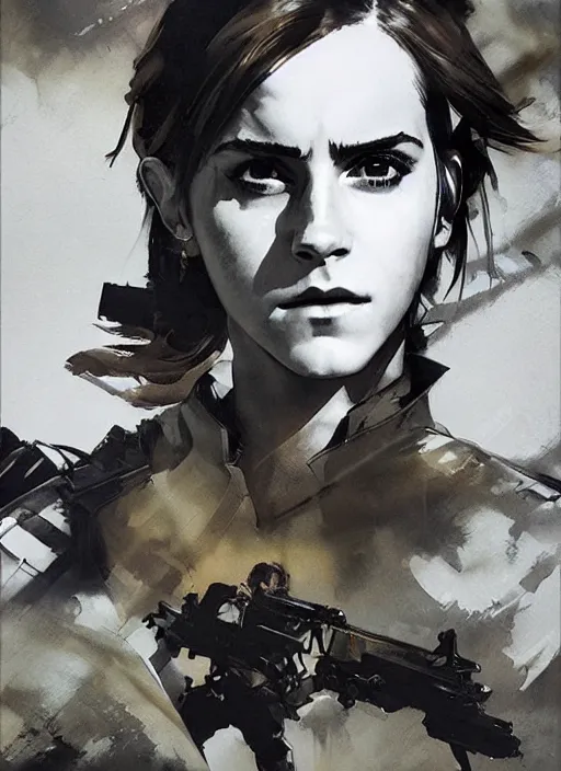 Image similar to emma watson wearing metal gear armor holding rifle dramatic lighting art by Yoji Shinkawa by Richard Schmid by greg rutkowski by Sandra Chevrier by Jeremy Lipking cinematic dramatic