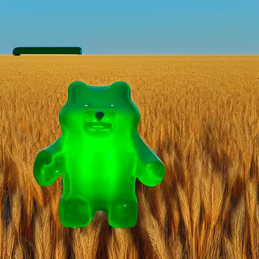 Prompt: Giant green gummy bear sitting in a wheat field, dslr, 8k, photorealistic, cinematic, ray tracing,