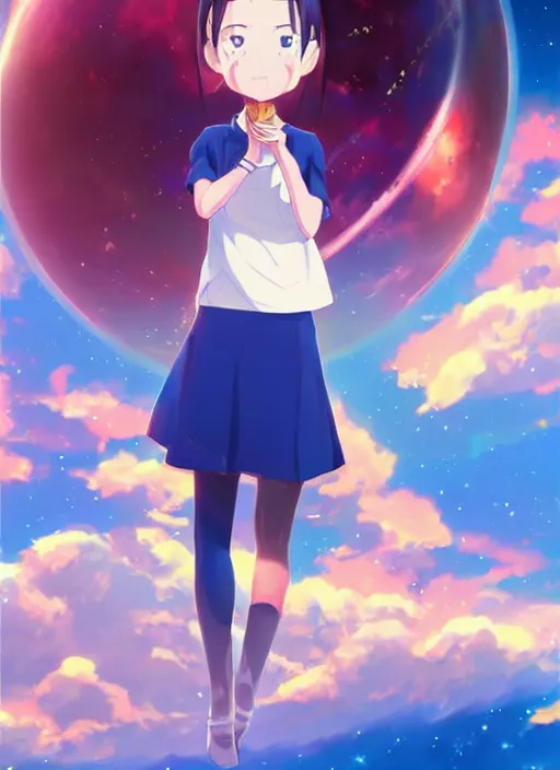 Image similar to a gigantic anime girl in outer space holding a small blue planet in the palm of her hand. Anime, Makoto Shinkai, cosmic skies, trending on ArtStation, digital art.