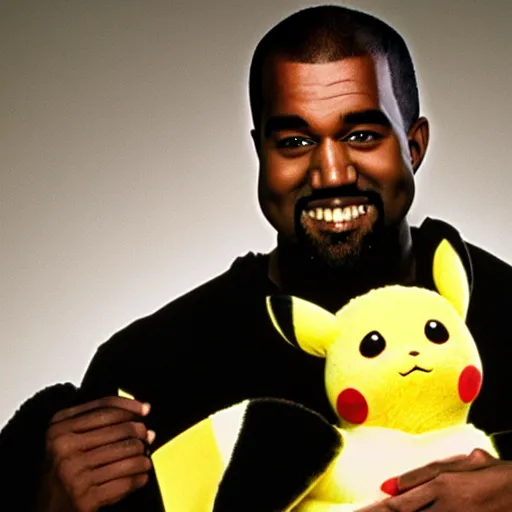 Prompt: kanye west smiling holding pikachu for a 1 9 9 0 s sitcom tv show, studio photograph, portrait c 1 2. 0