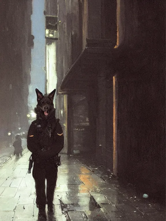 Image similar to new york city portrait of furry anthro anthropomorphic german shepard head animal person fursona wearing clothes nypd traditional police uniform in the alley, dark moody night nighttime, digital art by Nerdrum John, William Waterhouse, Winslow Homer, Alex Heywood, Jordan Grimmer, Darren Quach, Greg Rutkowski, Simon Stalenhag, trending on Artstation, CGSociety