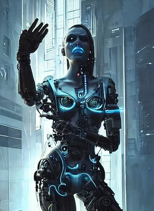 Prompt: cyberpunk,sci-fi, fantasy,Ultra realistic full shot of a cyborg woman under repair ,with mechanical arms that fix it,,Kodak , colour led, soft light, volumetric lighting ,night, intricate, elegant, highly detailed, digital painting, artstation, concept art, smooth, sharp focus, illustration,art by artgerm and greg rutkowski and alphonse mucha