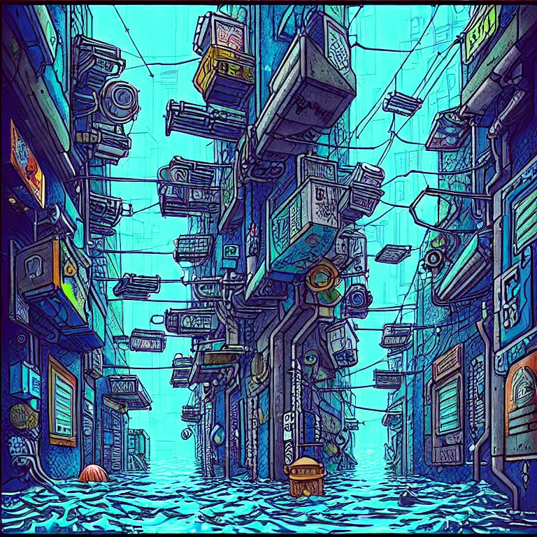 Image similar to an absurdly-detailed cyberpunk alleyway colored-pen drawing as a fancy square tile. Sea-life in a submerged-city.