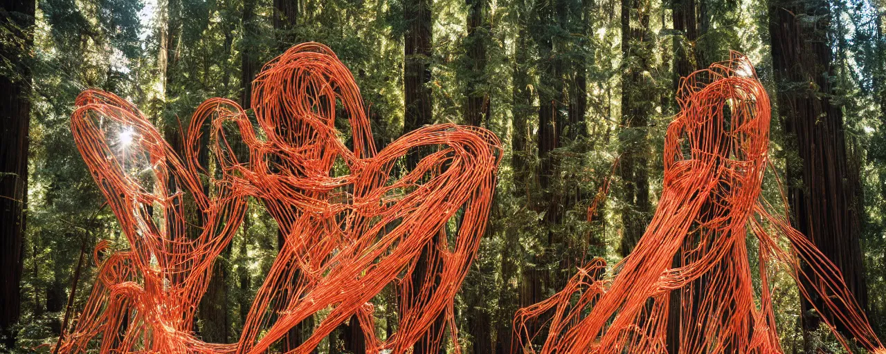 Image similar to a giant spaghetti sculpture, hit by a ray of sunshine, in a redwood forest, canon 5 0 mm, cinematic lighting, photography, retro, film, kodachrome