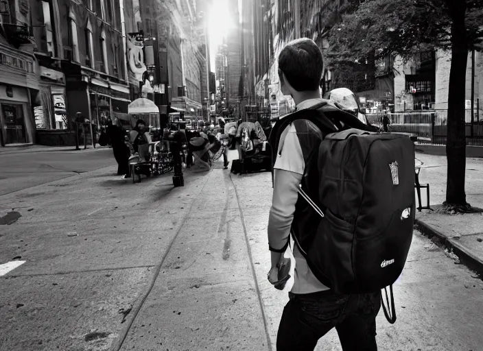 Image similar to photography of a Cat being carried in a backpack . in a new york street. award winning photo, led lighting, night, 130mm, sharp, high res