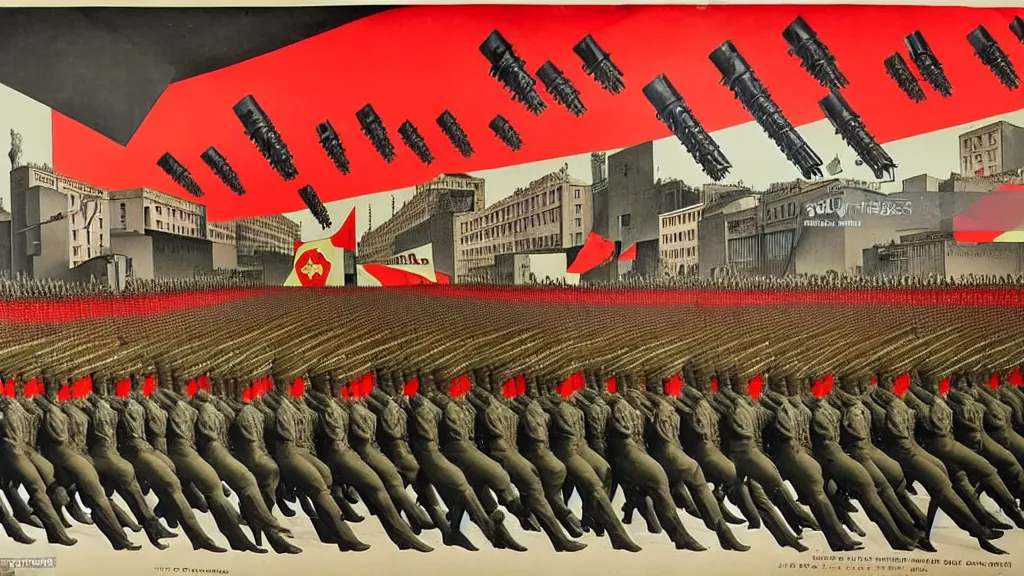 Prompt: army parade glorious march, futuristic alternate timeline, anarcho - communist hordes, red and black flags, modernist factories in background, art by max ernst, cnt spanish civil war era propaganda