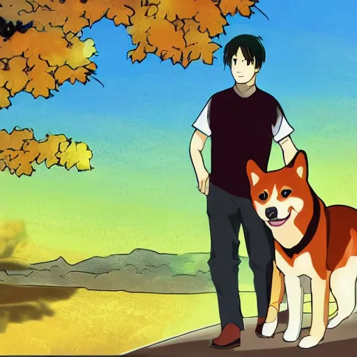 Image similar to a man with a shiba inu dog on his shoulder, anime still