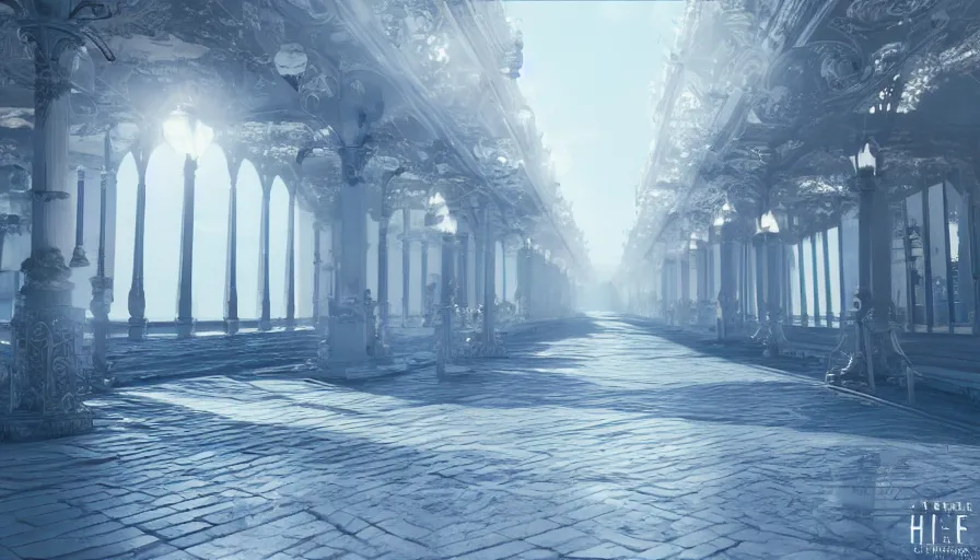 Image similar to Fashion Catwalk!! Walkway in an Angelic Floating City in the Clouds, Hyperrealistic, Intricate Details, Raytracing, Volumetric Lighting, Lightshafts, Blue and White Color Palette, Unreal Engine 5, Photorealism, Concept Art