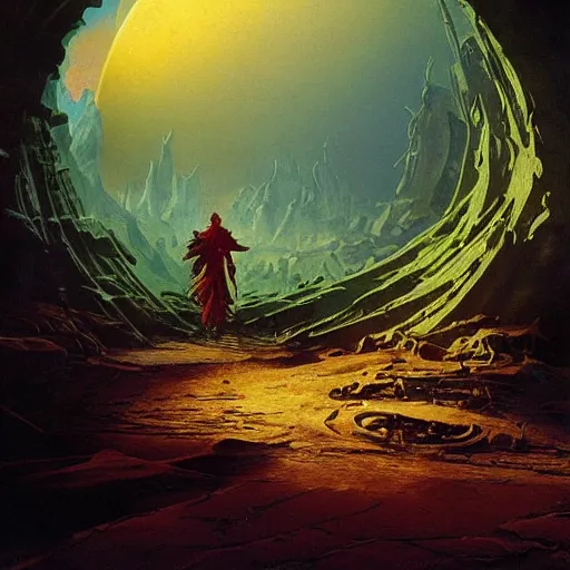 Image similar to A fresco painting of a nomadic wanderer traversing a corrupted futuristic crystal desert by Jacek Yurka, Kelly Freas, Filip Hodas, Paul Lehr, Dan Mumford, Max Ernst, Roger Dean, Caspar David Friedrich