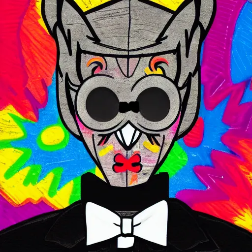 Image similar to gentleman owl with black biker jacket, portrait photo, crayon outline, wall with colorful graffiti, studio photo, suit, bow tie, tophat