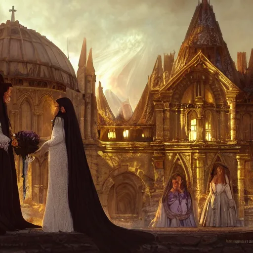 Image similar to an ultra detailed matte painting of a lesbian wedding between evil pyromancer and a red mage, unholy, white church background, detailed face, sharp focus, highly detailed, cinematic lighting, studio quality, colorful, smooth render, vector illustration, octane, rendered, by artgerm, greg rutkowski, alphonse mucha