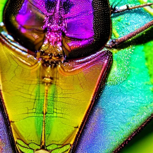 Image similar to insects made of iridescent water, macro, sharp focus