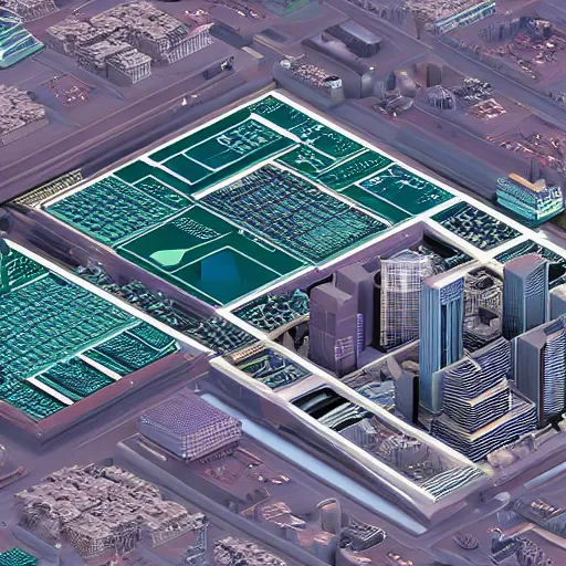 Prompt: a 3D render of an isometric motherboard city