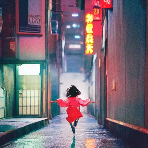 Image similar to 1990s perfect 8K HD professional cinematic photo of close-up japanese schoolgirl jumping in dystopian alleyway with neon signs, at evening during rain, at instagram, Behance, Adobe Lightroom, with instagram filters, depth of field, taken with polaroid kodak portra