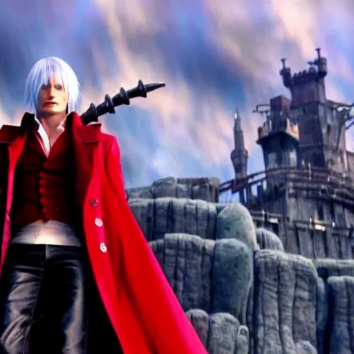 Image similar to a shot of dante from devil may cry in howl's moving castle movie, movie shot, anime, hightly detailed, rescalated 4 k, detailed