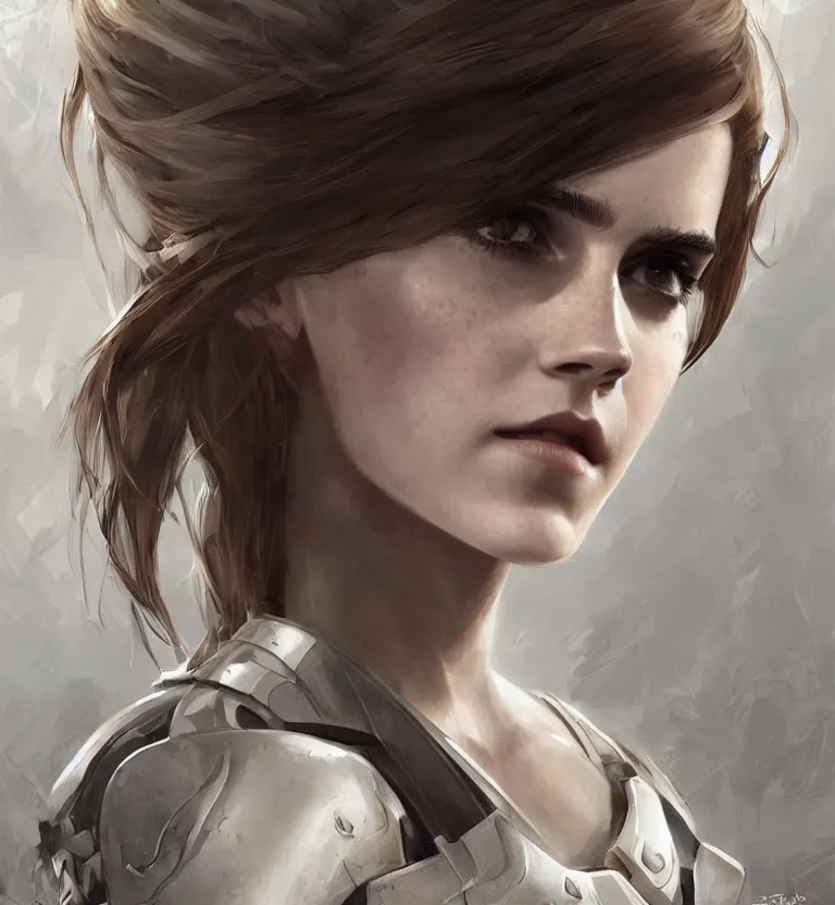 Image similar to fully body fashion model fantasy emma watson wearing military armor long dark hair beautiful bone structure symmetrical facial features intricate elegant digital painting concept art smooth sharp focus illustration from Metal Gear by Ruan Jia and Mandy Jurgens by Artgerm by William-Adolphe Bouguerea