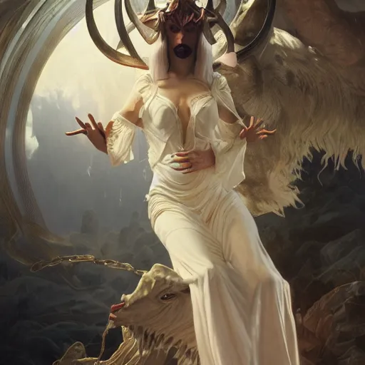 Image similar to false prophet with the horns of the lamb, NGE dark fantasy, medium shot, intricate, highly detailed, digital painting, volumetric light, artstation, concept art, smooth, sharp focus, illustration, art by Gil Elvgren and Greg Rutkowski and Alphonse Mucha, 8K