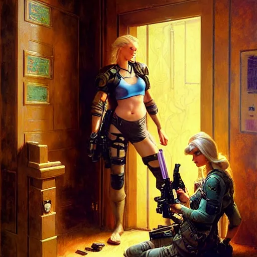 Image similar to portrait of beautiful blonde female sniper with blue eyes in front of room door. shadowrun cyberpunk fantasy d & d painting by gaston bussiere craig mullins jc leyendecker gustav klimt artgerm greg rutkowski john berkey, bergey, craig mullins, ruan jia, raymond swanland, tom lovell fortnite