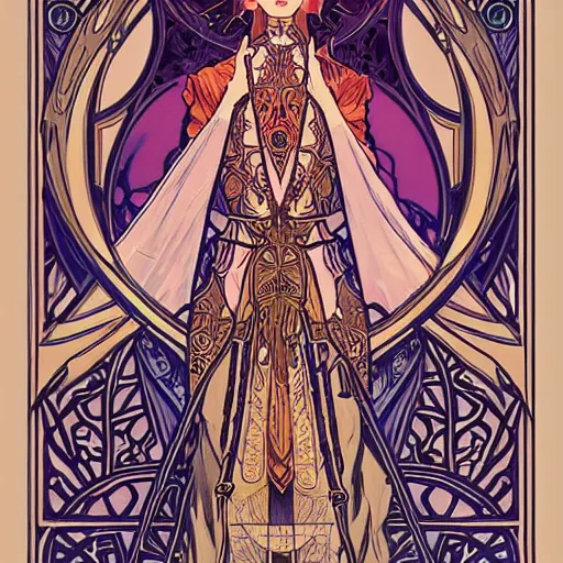 Prompt: tarot card hierophant by william morris and alphonse mucha and stephen bliss, trending pixiv fanbox by ilya kuvshinov, rossdraws, artgerm, sola digital arts, anti aliasing, raytracing