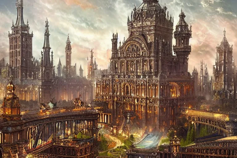 Prompt: a magnificent fantasy city. victorian-style. photorealism.