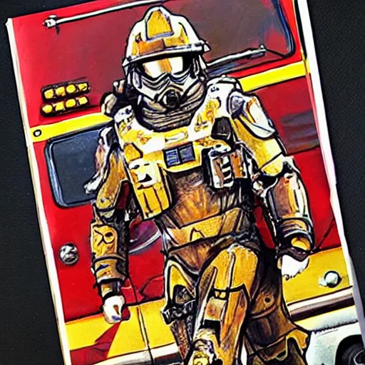 Prompt: Master Chief posting for a fireman pinup calendar