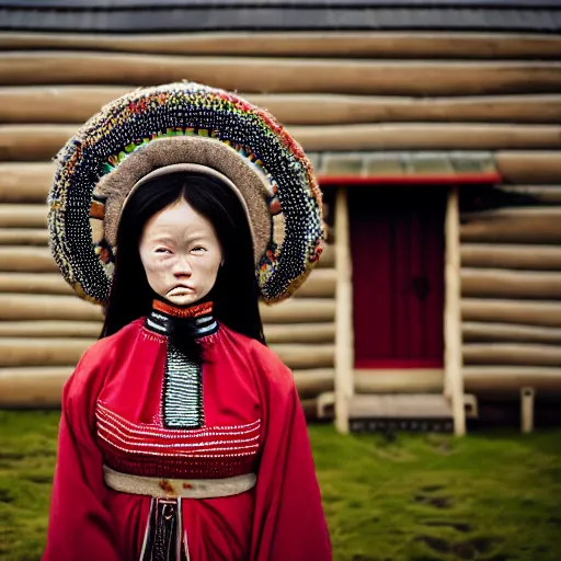 Image similar to ethnographic portraiture photograph of an extremely beautiful!!!! young woman with symmetric face. wearing traditional greenlandic national costume. in iceland. in front of her house. petzval lens. shallow depth of field. on flickr, award winning. national geographic