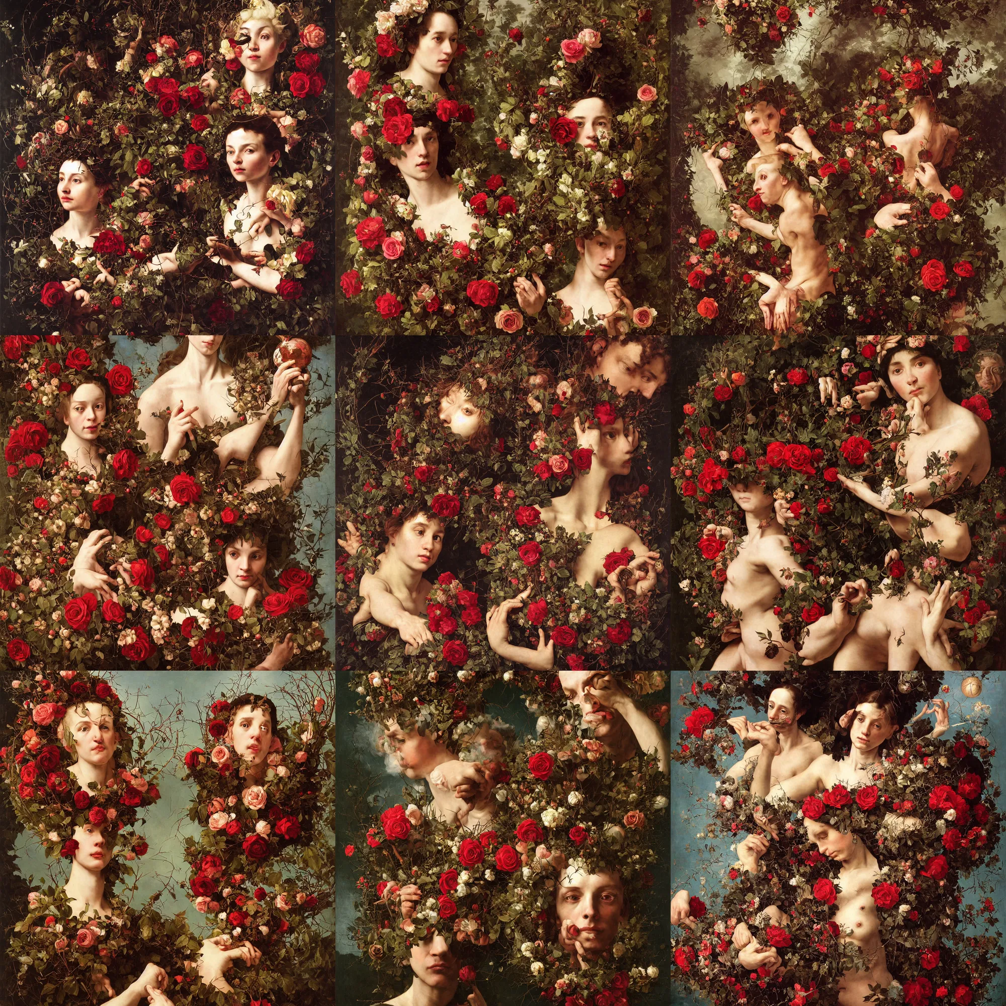 Prompt: portrait of a person in a sphere, a wreath of thorns, roses, horns, snakes, smoke, flames, full-length, oil painting in a renaissance style , very detailed, out of focus background, painted by Caravaggio, Greg rutkowski, Sachin Teng, Thomas Kindkade, Alphonse Mucha, Norman Rockwell, Tom Bagshaw.
