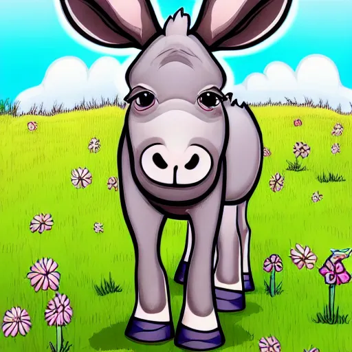 Image similar to cute cheerful donkey with his two ears and his trunk in a meadow, colouring - in sheet, concept design, character art, sharp focus, highly detailed, artstation