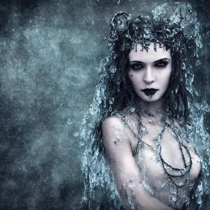 Image similar to A portrait of a Gothic goddess of water jewels in an empty land, dark and mysterious, lively atmospheric, cinematic, 8k, 4k, ultra detail, ultra-realistic, rendered by DeviantArt