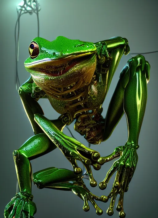 Prompt: studio shot of biomechanical!!! partial!! assembled emerald tree frog au naturel, hyper detailed, digital art, trending in artstation, cinematic lighting, studio quality, smooth render, unreal engine 5 rendered, octane rendered, art style by klimt and nixeu and ian sprigger and wlop and krenz cushart