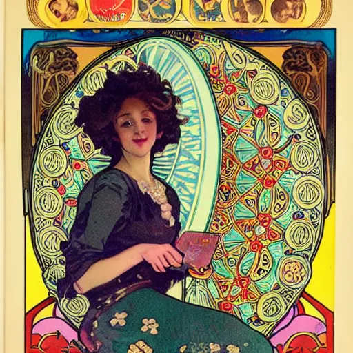 Prompt: vintage poster of Caucasian fortune teller lady with curly hair, a spread of tarot cards on a table, cats on her side, in a colorful tent, Alphonse Mucha,