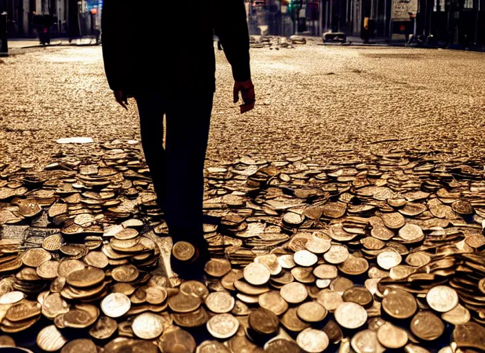 Image similar to a 3 5 mm photo from the back of a man walking over piles of coins, splash art, movie still, bokeh, canon 5 0 mm, cinematic lighting, dramatic, film, photography, golden hour, depth of field, award - winning, anamorphic lens flare, 8 k, hyper detailed, 3 5 mm film grain