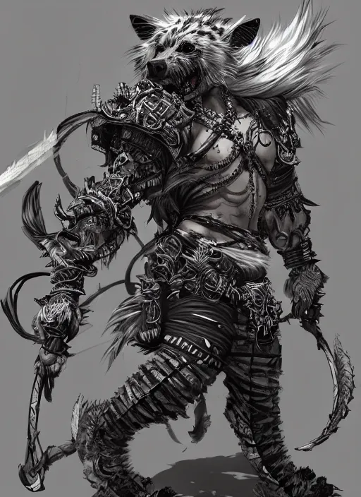 Prompt: Full body portrait of a scarred gnoll with white fur in ornate ninja garb. In style of Yoji Shinkawa and Hyung-tae Kim, trending on ArtStation, dark fantasy, great composition, concept art, highly detailed, dynamic pose.