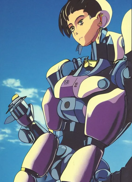 Image similar to Portrait of a female mech pilot in a latex bodysuit, 90s anime, cel-shaded, highly detailed, dramatic background, complementary lighting, poster