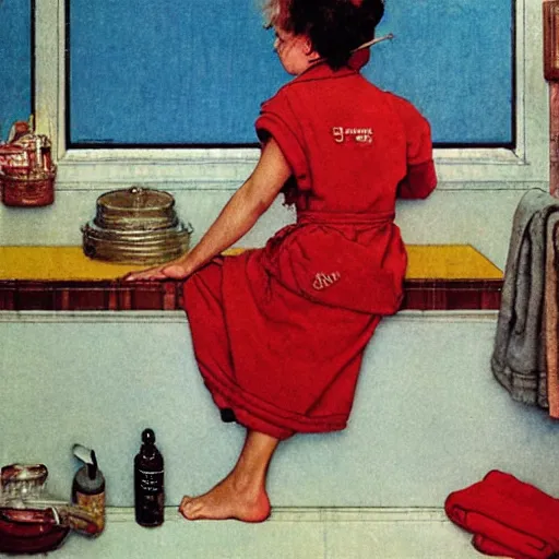 Image similar to a red dragon wearing a bathrobe in a spa, by Norman Rockwell