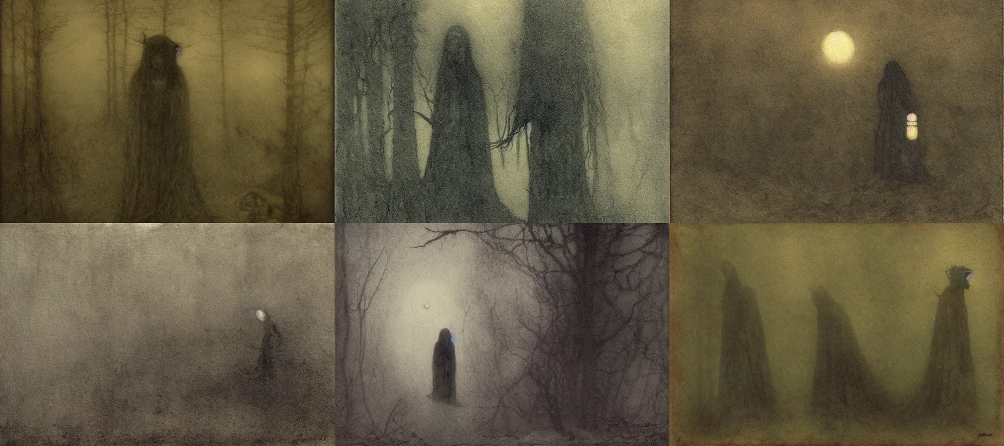 Prompt: lurkers within the fog by John Bauer, creepy, atmospheric, shadow demons, liminal