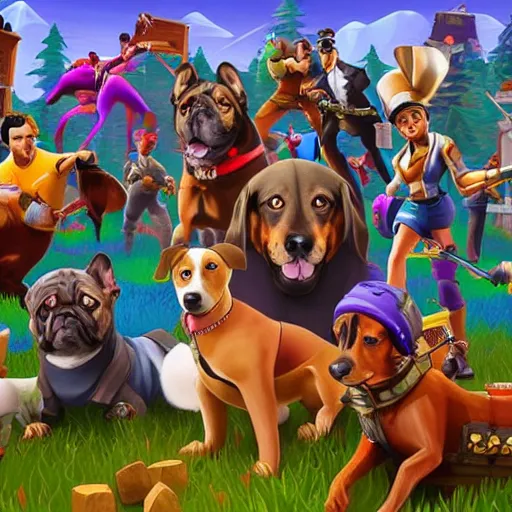 Image similar to a velvet painting of dogs playing Fortnite