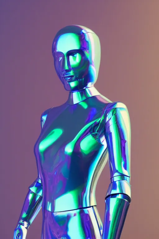 Image similar to 3d render of holographic human robotic made of glossy iridescent, full body robot, full body render, surrealistic 3d illustration of a human non-binary, non binary model, 3d model human, cryengine, made of holographic texture, holographic material, holographic rainbow, concept of cyborg and artificial intelligence