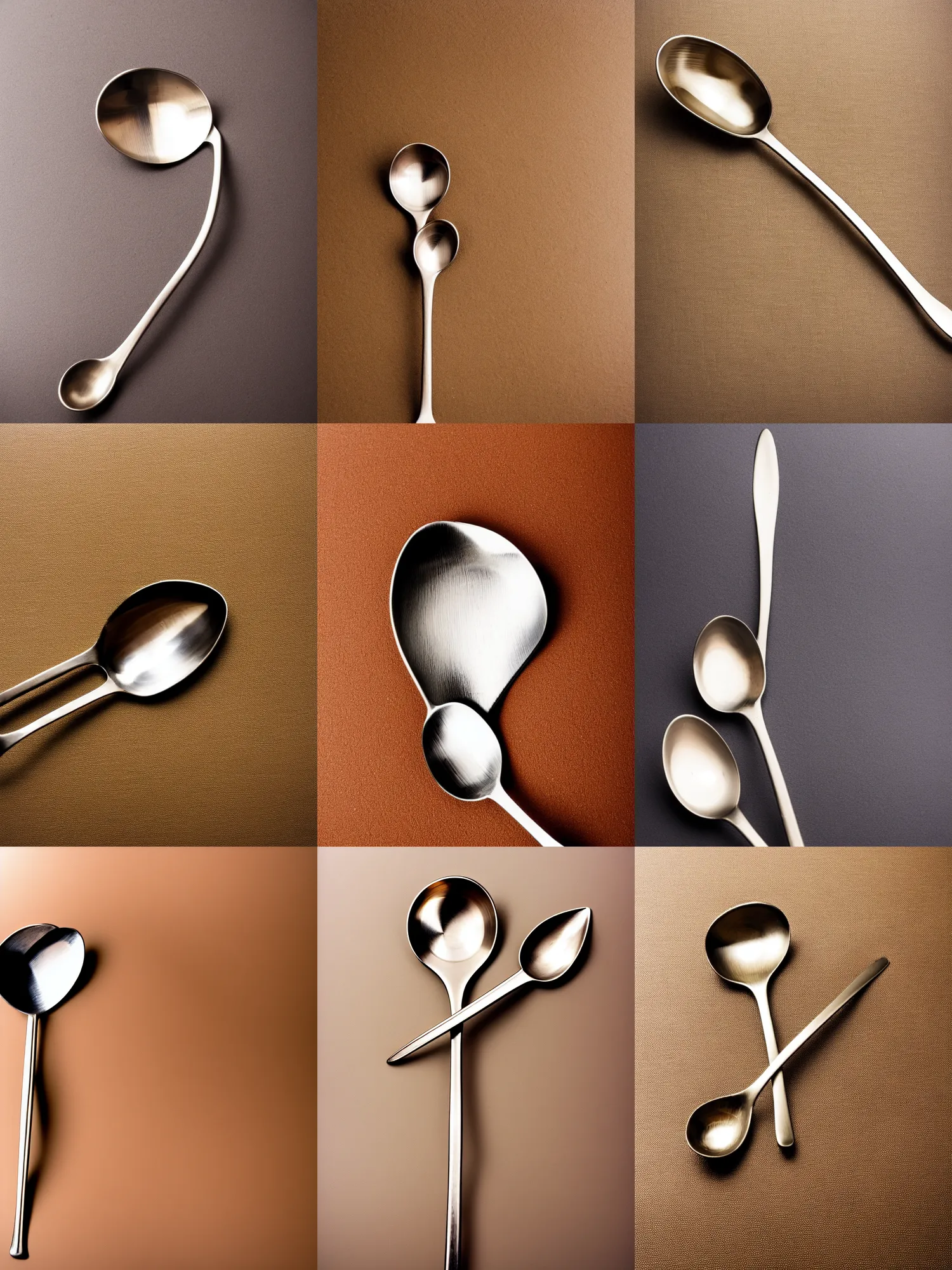 Prompt: framed stock picture of single stainless steel spoon, slightly rotated along its major axis, late nineties to early two - thousands, beige to cream background