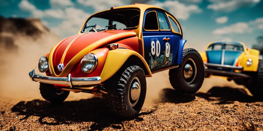 Image similar to Hot Wheels, vw bug baja, cinematic, Maxxis, 8k, depth of field, bokeh.