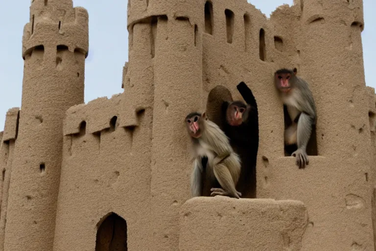 Image similar to full view of monkeys touching a castle made of sand